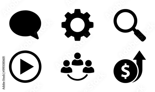 Minimalist business icon set, black solid vector symbols for web design, collection of 6 professional interface elements for corporate apps