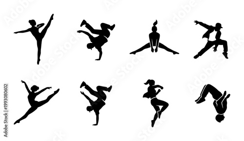 Dynamic dancer silhouettes collection, 8 black vector icons of ballet and breakdance performers, athletic people dancing in various poses and styles