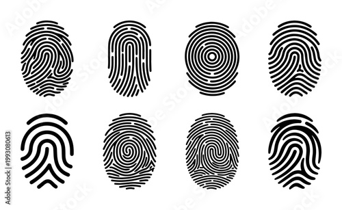 Biometric fingerprint icon set, 8 black digital thumbprint vectors, security identification symbols for forensic and cybersecurity authentication