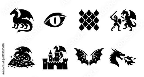Fantasy dragon icon set, black silhouette mythical creature symbols, medieval dragon and knight battle graphics, 8 vector elements for gaming