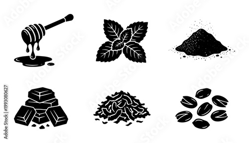 Black silhouette food ingredients set, honey dipper and mint leaves icons, chocolate pieces and coffee beans vector collection for cafe menu design