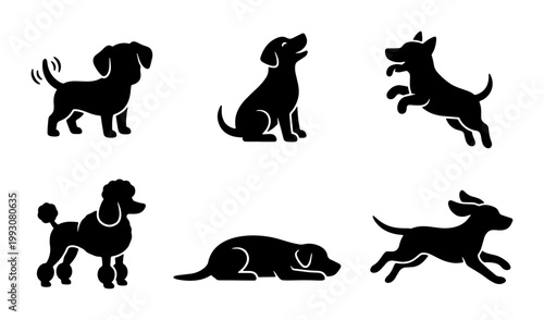 Dog silhouette vector set, black puppy icons in various poses, 6 canine animal silhouettes including poodle and labrador, pet behavior graphics