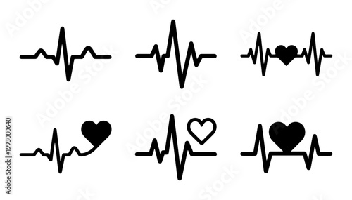 Heartbeat line vector icons set, medical EKG pulse wave symbols, black electrocardiogram rhythm with heart shapes, healthcare monitoring graphics