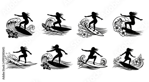 Elegant Surfer Girl Silhouette Collection Riding Waves in Minimalist Vector Art Style
