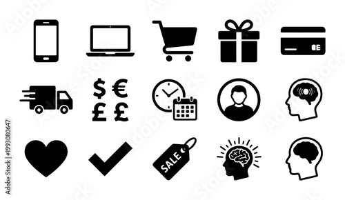E-commerce shopping icons set, 15 black flat vector symbols for retail and business, online store interface elements for web and mobile apps