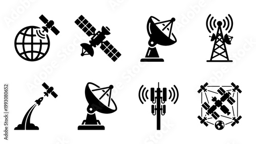 Satellite and telecommunication icons set, 8 black vector symbols of space technology, wireless signal towers and parabolic antennas for global networking