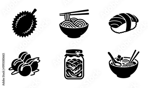 Asian food icons set with 6 black vector illustrations, Japanese and Korean cuisine symbols, sushi and ramen bowl graphics for restaurant menus