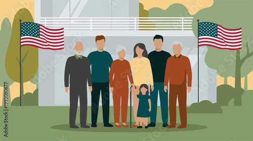 Multi-generational American family standing outdoors with flags