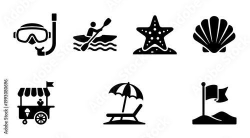 Summer beach vacation icons set, black solid vector symbols for travel and tourism, tropical holiday elements including snorkeling gear and sea life