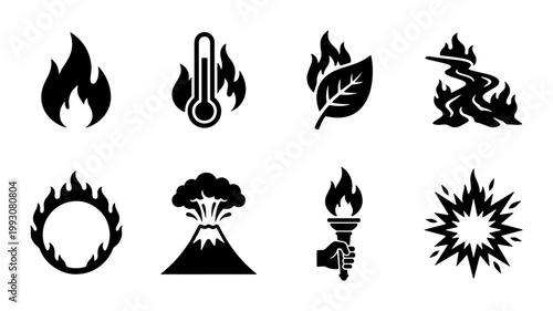 Fire and heat icon set, 8 black flat vector symbols of flames and combustion, wildfire and volcano disaster icons for warning signs
