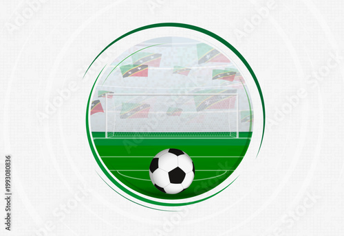 Saint Kitts and Nevis football fan celebration scene featuring a soccer ball, goal net, and waving national flags in a stadium.