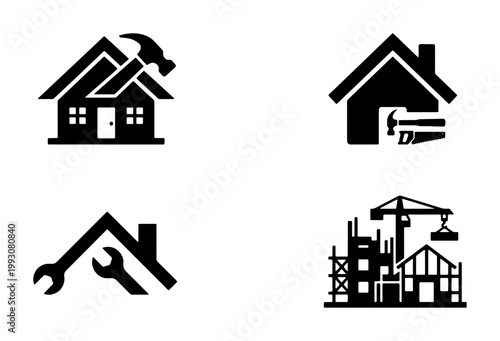 Home construction and repair icons set, house renovation and building maintenance symbols, 4 black vector silhouettes for real estate and handyman services