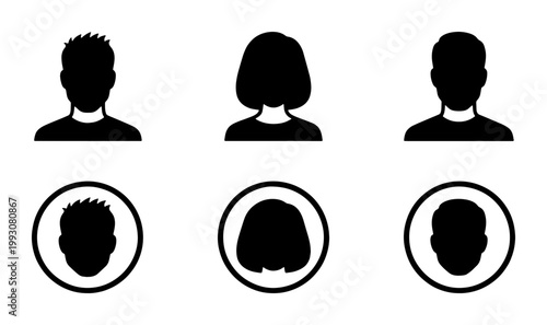 Minimalist user profile avatar icons, black silhouette human head and shoulder symbols, set of 6 vector person placeholders for web and app interface