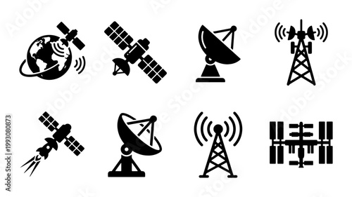 Satellite and telecommunication icons set, black silhouette space technology symbols, 8 vector elements for global network and radio signal transmission