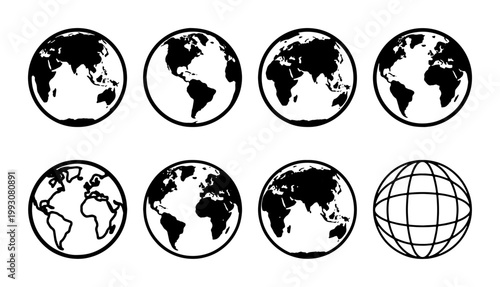 Minimalist world globe icon set, black and white earth map vector collection, 8 global planet symbols for travel and logistics design