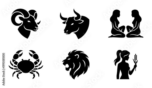 Zodiac sign icons set, black silhouette astrology symbols including Aries Taurus Gemini Cancer Leo and Virgo, celestial horoscope vector graphics