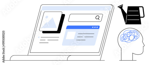 Education, idea development, digital tools, web browsing, online learning, creative growth. Laptop screen with image search, brain outline watering can. Idea development and education