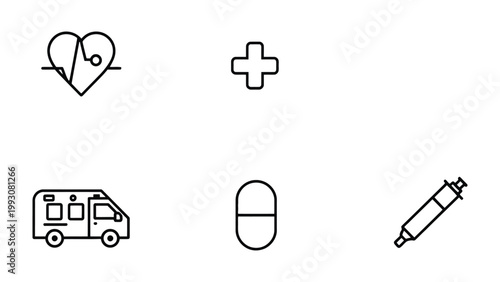 Healthcare Icons: A collection of minimalist, clean icons representing key healthcare elements, including a heartbeat, medical cross, ambulance, pill, and syringe.