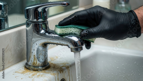 Black gloved hand cleans chrome sink mixer with melamine sponge, showing bathroom maintenance and hard water stain removal.