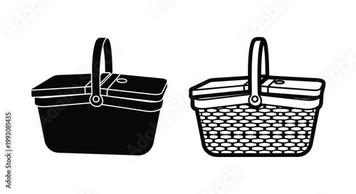 Two picnic baskets one modern and one traditional in outline silhouette