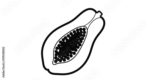 A halved papaya with seeds depicted in a stark silhouette
