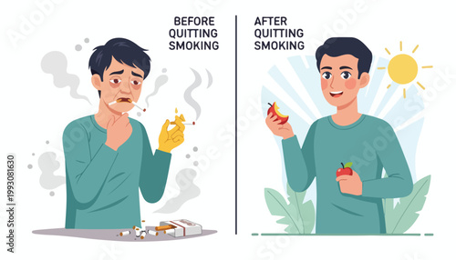 An infographic illustration comparing a man's health before and after quitting smoking on World No Tobacco Day with a contrasted background