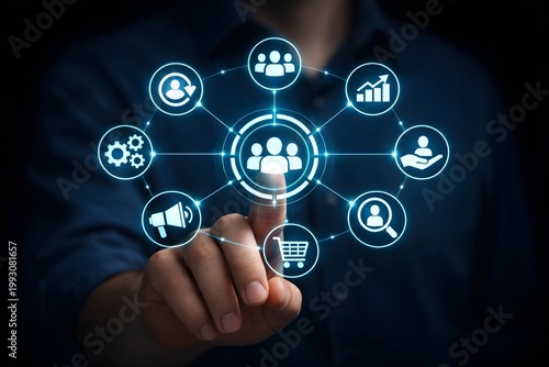 Human hand touches a central glowing user icon, surrounded by a network of interconnected business and marketing icons, symbolizing comprehensive customer relationship management.