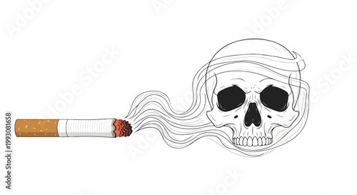 A cigarette emits smoke towards a skull on a clean white background, symbolizing the dangers of smoking for World No Tobacco Day