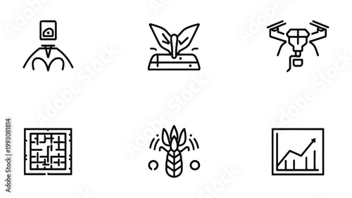 Modern Farming Icons: Set of contemporary icons representing innovative agricultural techniques and tools for cultivation.