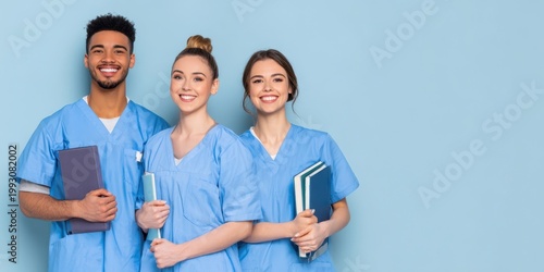 The Young Healthcare Students Smiling in Blue Scrubs Holding Books Against Pastel Wall