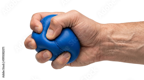 man's hand squeezing a blue stress ball