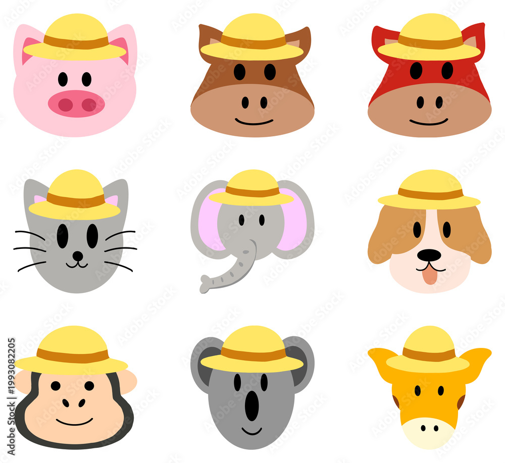 Obraz premium Cartoon Animal Character Illustration of Koala, King Kong, Dog, Cat, Elephant, Pig, Horse, and Giraffe