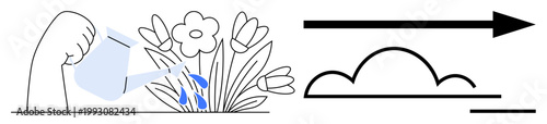 Growth, environment, sustainability, progress, gardening, nature. Hand pouring water over blooming flowers with droplets. Growth and environment concepts with clear minimal design