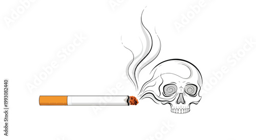A cigarette emits smoke towards a skull on a clean white background, symbolizing the dangers of smoking for World No Tobacco Day