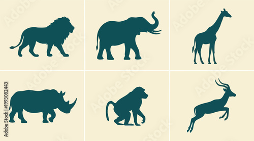 Canvas Print African Wild Animal Silhouettes: Lion, Elephant, Giraffe, Rhino, Baboon, Antelop