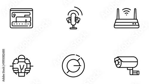 Digital Icons for Smart Connectivity: A collection of sleek, minimalist icons represents modern technology and digital tools, focusing on security, wireless connectivity.