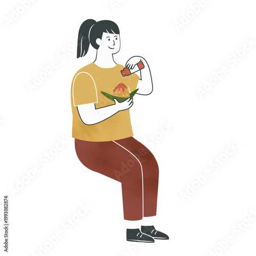 Young woman eating rice dumpling, adding sweet and spicy sauce