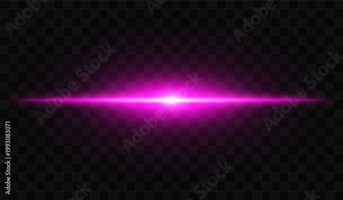Abstract light beam composition. Single horizontal flare with strong central brightness, elongated glow spreading symmetrically, smooth gradient fade into soft edges on transparent background