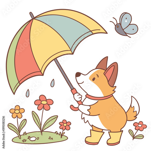 An adorable Corgi with a Bashful vibe, under an umbrella, and a Blooming Renewal Spring theme – SVG style