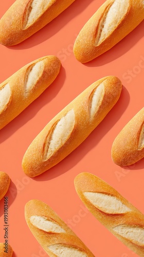 Delicious baguettes arranged in a flat lay on vibrant orange, perfect for bakery ads and food-related designs.