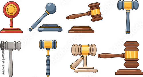 Judge Gavel and Auction Hammer Vector Illustration Set Featuring Various Wooden Metal Court Law and Justice Mallet Designs for Legal Authority and Verdict Concept Design