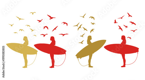 Stylish Surfer Girl Silhouette with Birds Vector Art for Modern Graphic Design