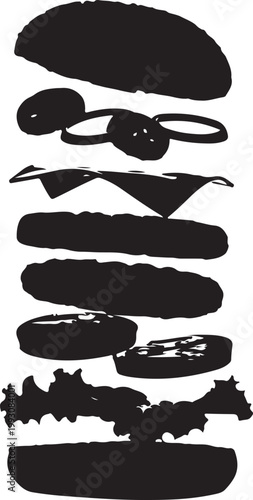Black silhouette layers of a hamburger on white background food de