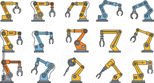 Industrial Robotic Arm Icon Set Featuring Automation Robots, Mechanical Manipulators, Factory Equipment for Manufacturing, Engineering, Assembly Line, and Technology Design Applications