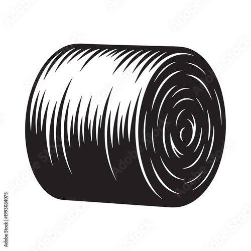 A black and white engraving of a cylindrical hay bale tightly wound
