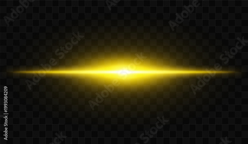 Abstract light beam composition. Single horizontal flare with strong central brightness, elongated glow spreading symmetrically, smooth gradient fade into soft edges on transparent background