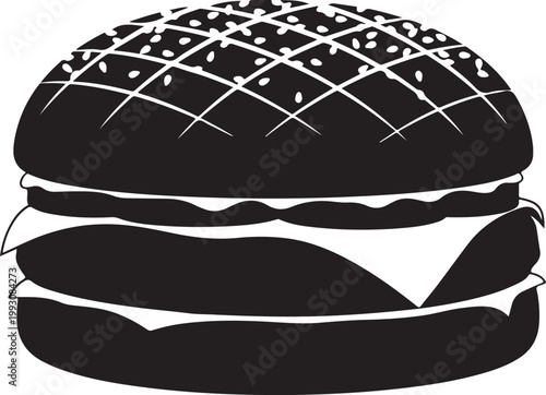 Black and white of a double cheeseburger with sesame seeds hamburger food fast food d