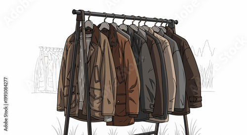 Collection of outerwear hanging on a rack