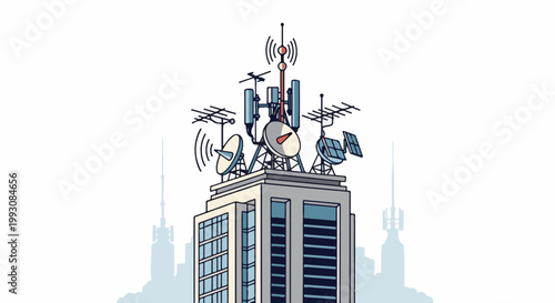 Communication tower atop a skyscraper, transmitting signals