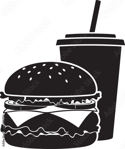 Black silhouette of a hamburger and a drink cup with straw